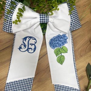 Hydrangea Embroidered Wreath Bow | Nantucket  Front Door Decor | Wreath Sash
