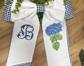 Hydrangea Embroidered Wreath Bow | Nantucket  Front Door Decor | Wreath Sash