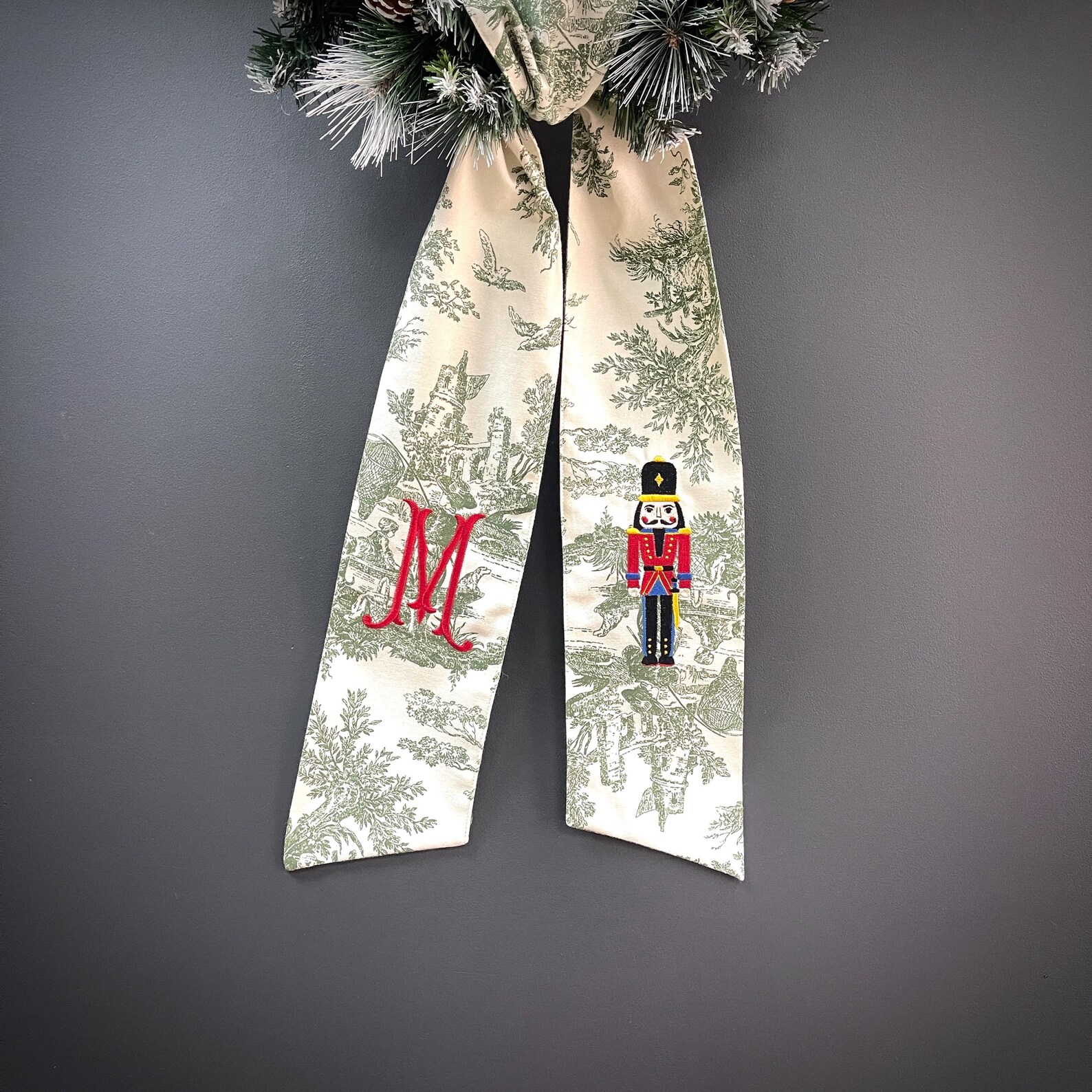 Christmas Toile Wreath Sash with Personalized Embroidered, Nutcracker sash 60’ | DDP shipping to the USA - Nutcracker & Monogram