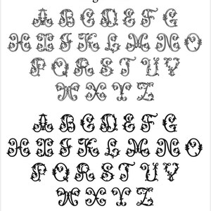 May include: Black and white decorative alphabet letters in a single vine style. The image displays the letters A through Z in two rows, with each letter featuring an ornate, floral design. The text "Single Vine" is at the top.