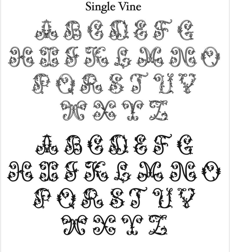 May include: Black and white decorative alphabet letters in a single vine style. The image displays the letters A through Z in two rows, with each letter featuring an ornate, floral design. The text "Single Vine" is at the top.
