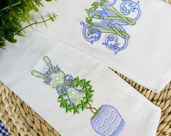 Topiary Wreath Sash | Easter Wreath Sash | Embroidered Bunny & Monogram Wreath Ribbon