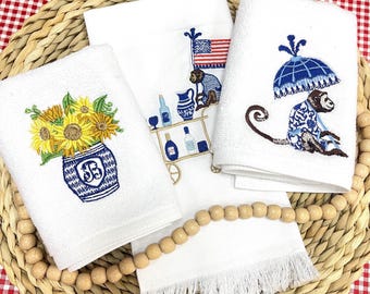 Embroidered Kitchen Towel Set – Summer Monogram & Monkey Design – 2 Sizes Available – Terry + Cotton Towels