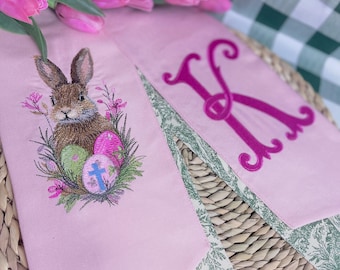 Écharpe couronne de lapin | Écharpe couronne de Pâques | Ruban couronne brodé lapin et monogramme | Livraison DDP aux États-Unis