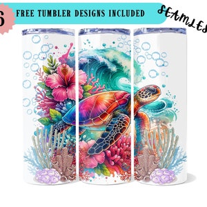 Tortuga Marina 20 oz Tumbler Wrap PNG, Vaso de Hibisco, Envoltura de Vaso de Verano, Regalos de Tortuga Marina, Diseños de Sublimación, Vaso Flaco, Tortuga PNG