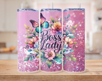 May include: Three pink stainless steel tumblers with a floral design, a butterfly, and the text "Boss Lady".