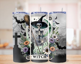 Tarjeta de tarot de bruja 20oz envoltura de vaso flaco, vaso de Halloween estético brujo, sublimación de terror esqueleto PNG vaso archivo digital, envoltura de otoño