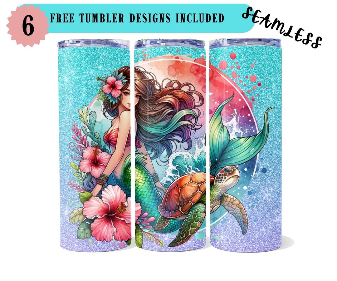 Mermaid 20 Oz Tumbler Wrap PNG, Sea Turtle Hibiscus Tumbler, Summer ...