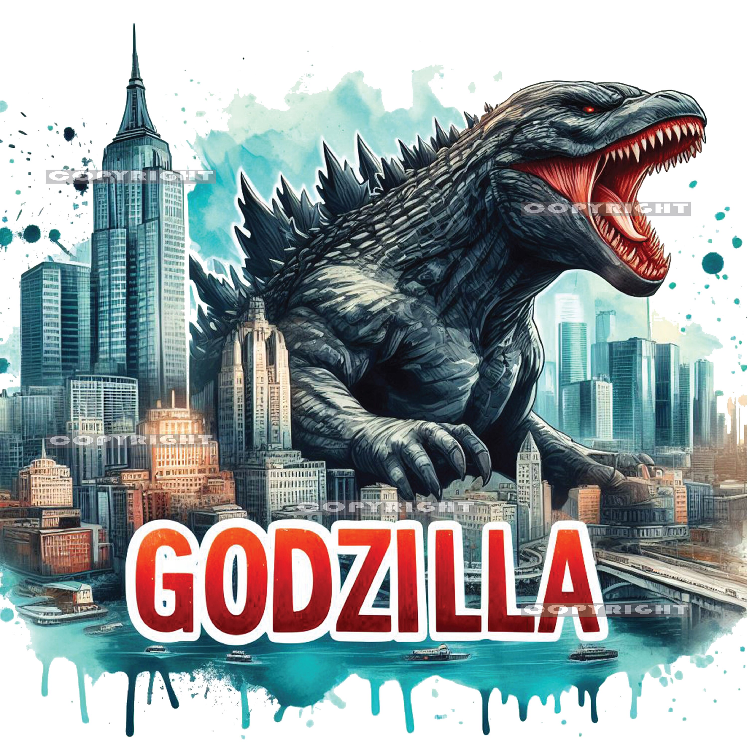 Godzilla X 5 PNG, Godzilla in Watercolor Png, Monsterverse Png