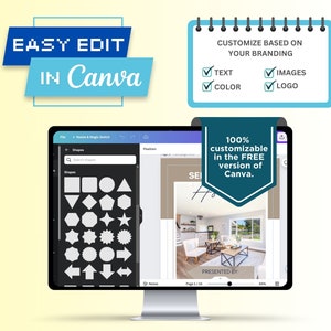 May include: A computer screen displaying a Canva design template with a photo of a living room. The template is customizable with text, images, and logos. The text on the screen reads "100% customizable in the FREE version of Canva."