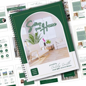 May include: A green spiral-bound notebook with the title "Selling Your Home" in script. The cover features an archway design with a living room scene. Other pages with text and graphics are visible, including marketing plan icons.