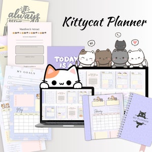May include: A digital planner with a purple and white color scheme featuring cute cartoon cats. The planner includes sections for goals, daily tasks, and monthly calendars. The text "Kittycat Planner" is displayed at the top of the image.