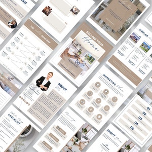 May include: A beige and blue marketing guide for selling a home. The guide includes sections on pricing, marketing, and about the realtor. The guide also includes a checklist for preparing a home for sale.