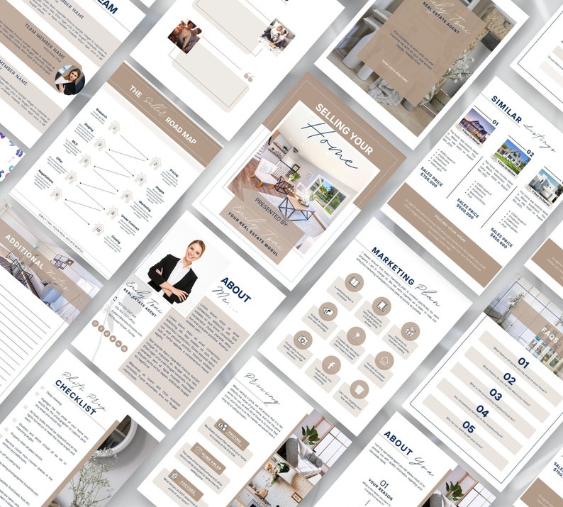 May include: A beige and blue marketing guide for selling a home. The guide includes sections on pricing, marketing, and about the realtor. The guide also includes a checklist for preparing a home for sale.