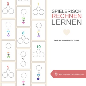 Puede incluir: Tarjetas didácticas con problemas de matemáticas. Cada tarjeta presenta una ecuación de suma o resta simple con una representación visual de los números. El texto "SPIELERISCH RECHNEN LERNEN" se muestra en rojo y gris. Las tarjetas son para preescolar y 1er grado.