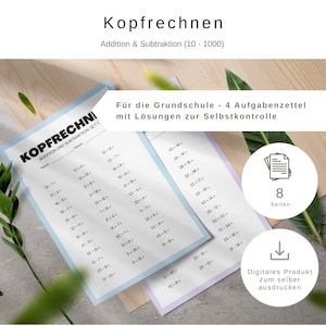 May include: Two worksheets for addition and subtraction problems, with the title "Kopfrechnen" at the top. The worksheets are light blue and lavender, with math problems listed. The image also includes a graphic that says "8 pages" and "Digital product to print yourself."