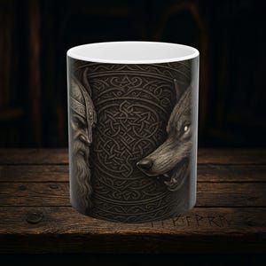 Norse Guardian Viking Mug – Ceramic Coffee Cup with Runes – Norse Mythology Gift – Nordic Warrior Art – Viking Decor for Him