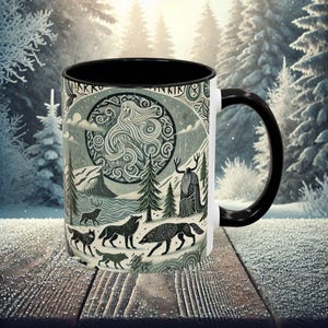Nordic Folklore Coffee Mug: Viking Mythology Art, Norse Runes