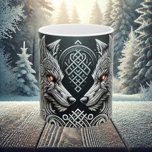 May include: A black ceramic mug with a white wolf design. The wolf's eyes are glowing orange. The design includes a Celtic knot pattern.