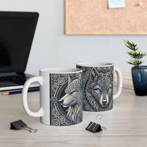Nordic Wolf Mug – Viking Coffee Cup with Runes – Norse Mythology Ceramic Mug – Fenrir Art Gift – Warrior Decor for Him