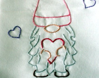 Hand-embroidered Valentine Gnome tea towel