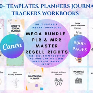 May include: A collage of colorful planner covers with titles like "Wedding Planner", "Back to School Planner", "Healthy Living Journal", "2024 Moon and Astrology Planner", "2024 Witchy Planner", "Home School Planner", "Health & Self Care Planner", "Household Planner", "Self Control Activity Book", "2024 Small Business Planner", "2024 Self Love Workbook", and "40 Weeks Pregnancy Journal". The text "200+ Templates. Planners Journals Trackers Workbooks" is at the top of the image. The text "Fully Editable Instant Download Mega Bundle PLR & MRR Master Resell Rights Yes! Sell them together as your own PLR & MRR bundle for instant profit!" is in the center of the image. The text "8000+ Pages" is in the upper right corner of the image.
