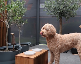 Cuencos de porcelana de repuesto para un bar para perros de roble