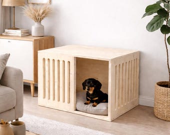 Moderne Hundehütte Indoor aus Holz – Designer Hundebox mit Tür – Hundemöbel aus Dreischichtsholz Fichte – Hundebett Haus für Kleine & Große