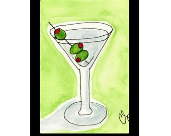 Martini #2 Green Framed Watercolor Print 3x4”,  by Cathy Stratton