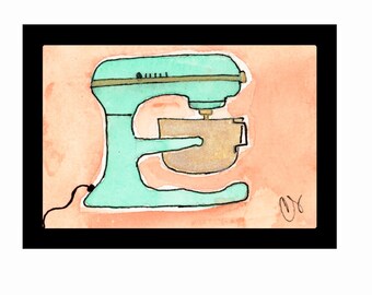 Standup Mixer Framed Watercolor Print 3x4”,  by Cathy Stratton
