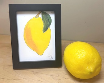 Lemon Framed Watercolor Print 3x4”,  by Cathy Stratton