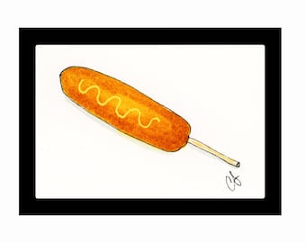Corndog Framed Watercolor Print 3x4”,  by Cathy Stratton
