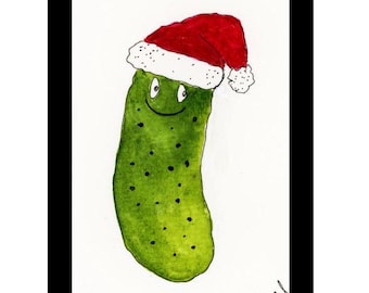 Christmas Pickle Framed Watercolor Print 3x4”,  by Cathy Stratton