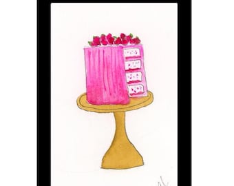 Cake Pink Framed Watercolor Print 3x4”,  by Cathy Stratton