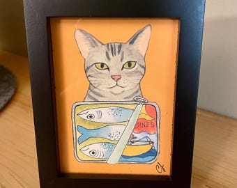 Sardine Can with Kitty Print 3x4”,  by Cathy Stratton