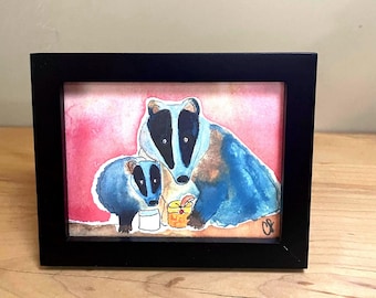 Badger Mom and Child having a drink Framed Watercolor Print 3x4”,  by Cathy Stratton