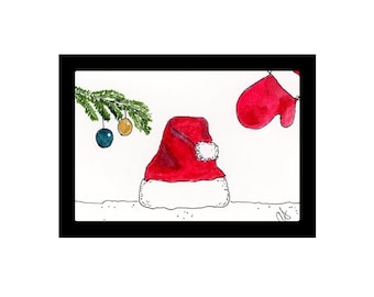 Santa's Hat Framed Watercolor Print 3x4”,  by Cathy Stratton