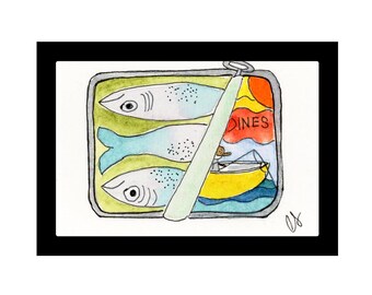 Sardine Can #2 with Fisherman Framed Watercolor Print 3x4”,  by Cathy Stratton