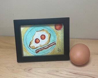 Bacon and Eggs Framed Watercolor Print 3x4”,  by Cathy Stratton