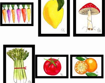 5 Fruit and Vegetable Framed Prints 3x4”,  by Cathy Stratton