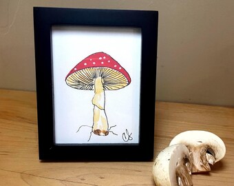 Mushroom Framed Watercolor Print 3x4”,  by Cathy Stratton