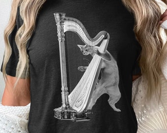 Cat Playing Harp Tshirt Funny Humor Shirt Comedy Feline Tee Instrument Classical Orchestra Band Silly Guitar Bass Mens Womens Unisex Strings