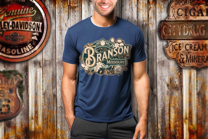Branson Shirt Tshirt Gift Him Her Missouri Tee City Home Vacation State Unisex Adventure Women Men Shirt Road trip Vintage Antique Style Tee Navy Blue