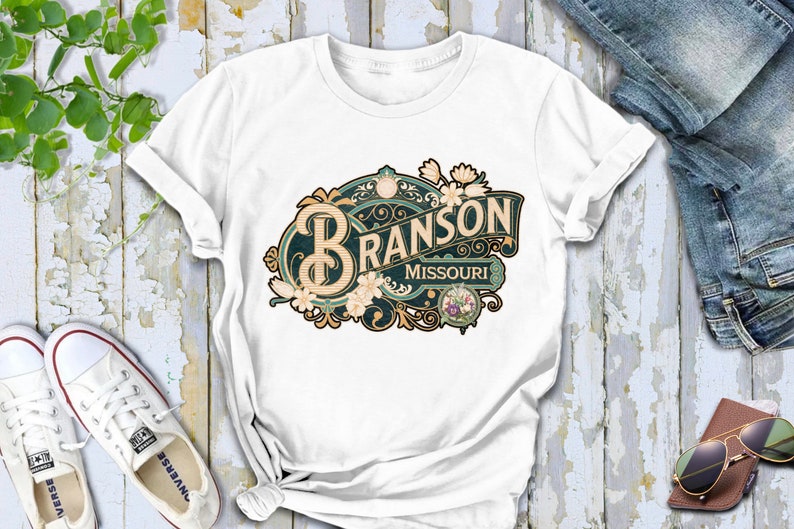 Branson Shirt Tshirt Gift Him Her Missouri Tee City Home Vacation State Unisex Adventure Women Men Shirt Road trip Vintage Antique Style Tee White