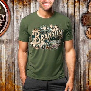 Branson Shirt Tshirt Gift Him Her Missouri Tee City Home Vacation State Unisex Adventure Women Men Shirt Road trip Vintage Antique Style Tee Military Green