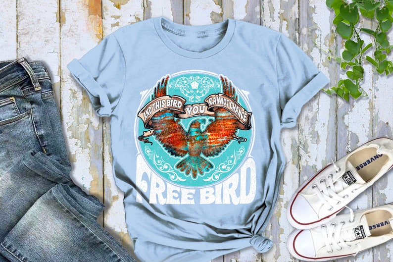 Free Bird Shirt Boho TShirt Phoenix Rising Free Bird Tee Eagle Shirt Thunderbird Shirt Retro Vintage Inspired Music Shirt Classic Rock Quote Light Blue