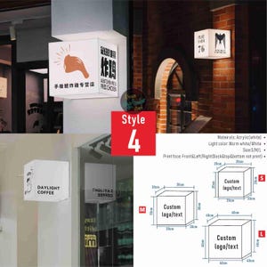 May include: White, square, illuminated signs with custom text and logos. The signs are in various sizes, including small (20cm x 20cm), medium (30cm x 30cm), and large (40cm x 40cm). Some signs display restaurant logos and text.