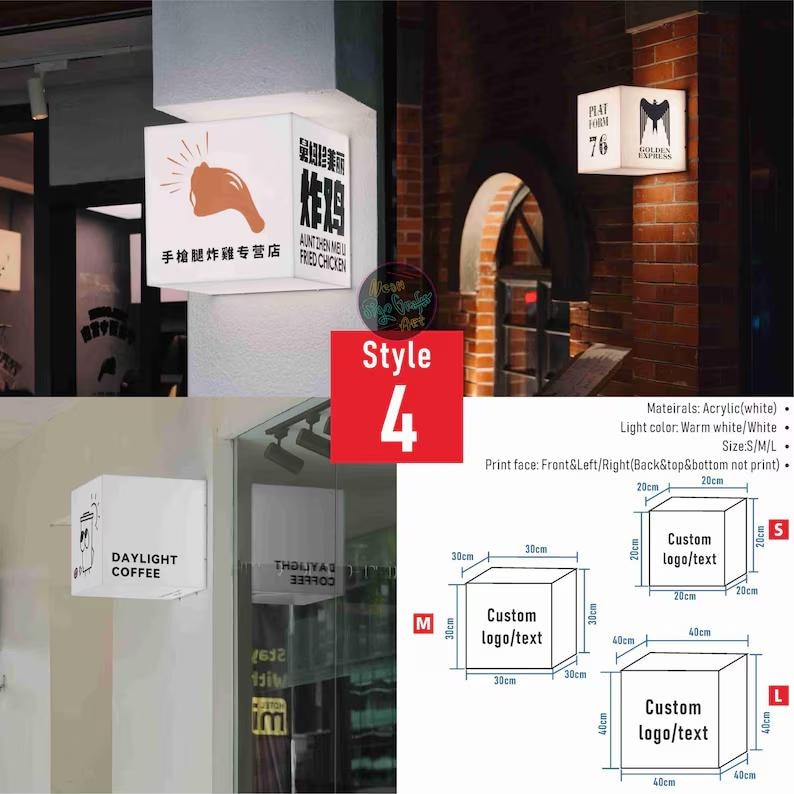 May include: White, square, illuminated signs with custom text and logos. The signs are in various sizes, including small (20cm x 20cm), medium (30cm x 30cm), and large (40cm x 40cm). Some signs display restaurant logos and text.