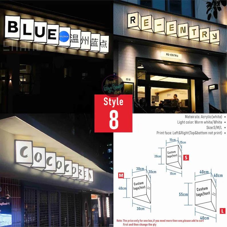 May include: Image of illuminated rectangular signs with white lettering spelling out "BLUE", "RE-ENTRY", and "COCOCOREA". The signs are mounted on building exteriors. A red square with the number "8" is in the center. Diagrams show dimensions in centimeters.