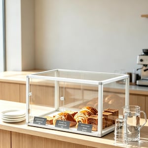 Puede incluir: Una vitrina de cristal blanca y transparente llena de varios pasteles, incluyendo cruasanes y pan. La vitrina está sobre una encimera de madera clara, con una pila de platos blancos a la izquierda. Una jarra de cristal y dos vasos a la derecha.